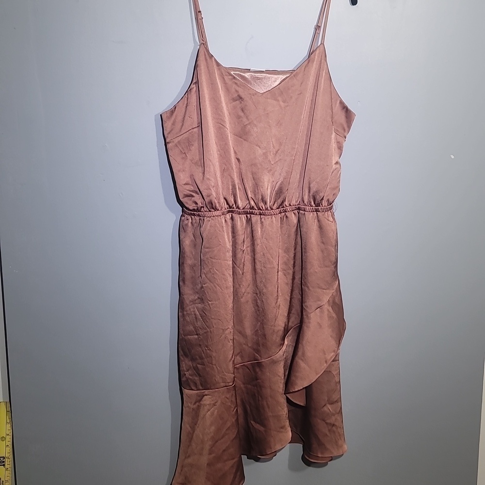 LASCANA Romantic Satin Tie Waist Ruffle Hem Powder Blush Peach Satin Dress